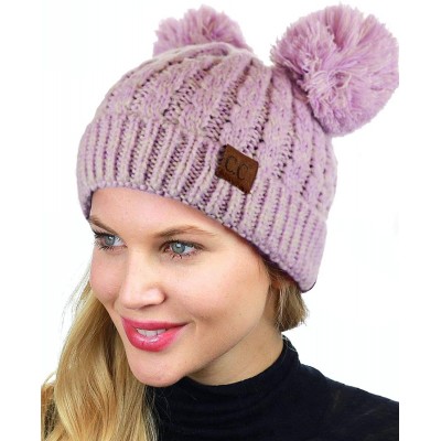 Skullies & Beanies 2 Ear Pom Pom Cable Knit Soft Stretch Cuff Skully Beanie Hat - 2 Tone Lilac - CL18AUOLEID $14.82