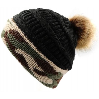 Skullies & Beanies Winter Women Faux Fur Pompom Cuff Beanies Hats Knit Slouchy Ski Skull Camo Baggy Caps Girls Warm Hat - 01-...