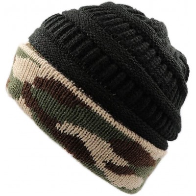 Skullies & Beanies Winter Women Faux Fur Pompom Cuff Beanies Hats Knit Slouchy Ski Skull Camo Baggy Caps Girls Warm Hat - 01-...
