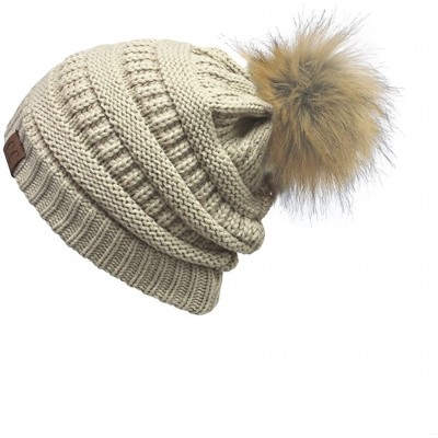 Skullies & Beanies BYSUMMER Soft Stretch Cable Knit Faux Fur Pom Pom Beanie Hat (Beige) - CA12MXEJQ3L $12.44