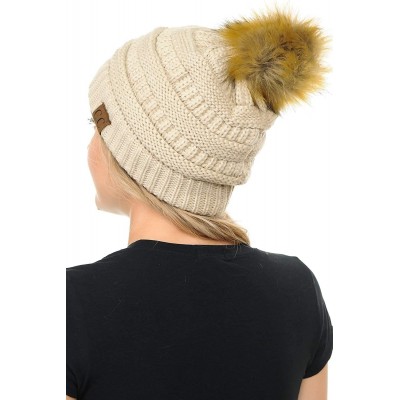 Skullies & Beanies BYSUMMER Soft Stretch Cable Knit Faux Fur Pom Pom Beanie Hat (Beige) - CA12MXEJQ3L $12.44