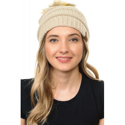 Skullies & Beanies BYSUMMER Soft Stretch Cable Knit Faux Fur Pom Pom Beanie Hat (Beige) - CA12MXEJQ3L $12.44