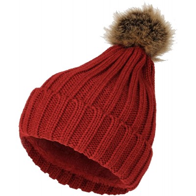 Skullies & Beanies Trendy Ribbed Knitted Fur Pom Pom Beanie Hat Slouchy CR5146 - Wine - CO18LD4SDCS $15.59