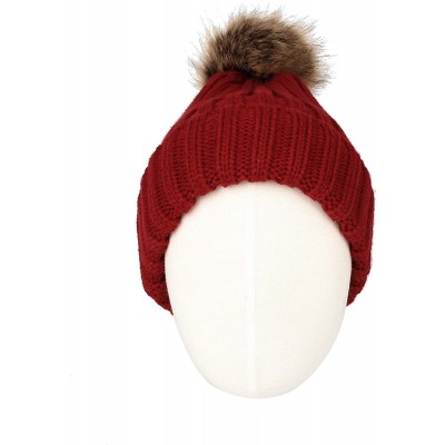 Skullies & Beanies Trendy Ribbed Knitted Fur Pom Pom Beanie Hat Slouchy CR5146 - Wine - CO18LD4SDCS $15.59