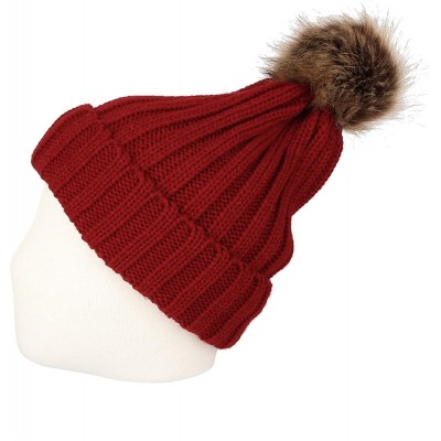 Skullies & Beanies Trendy Ribbed Knitted Fur Pom Pom Beanie Hat Slouchy CR5146 - Wine - CO18LD4SDCS $15.59