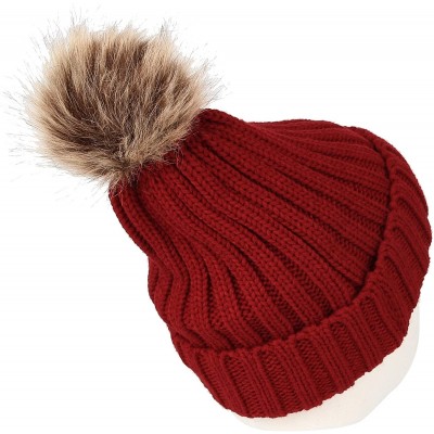 Skullies & Beanies Trendy Ribbed Knitted Fur Pom Pom Beanie Hat Slouchy CR5146 - Wine - CO18LD4SDCS $15.59