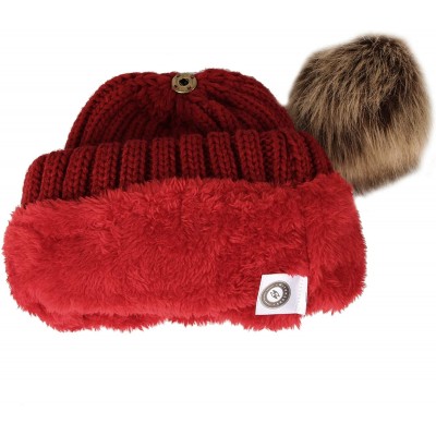 Skullies & Beanies Trendy Ribbed Knitted Fur Pom Pom Beanie Hat Slouchy CR5146 - Wine - CO18LD4SDCS $15.59