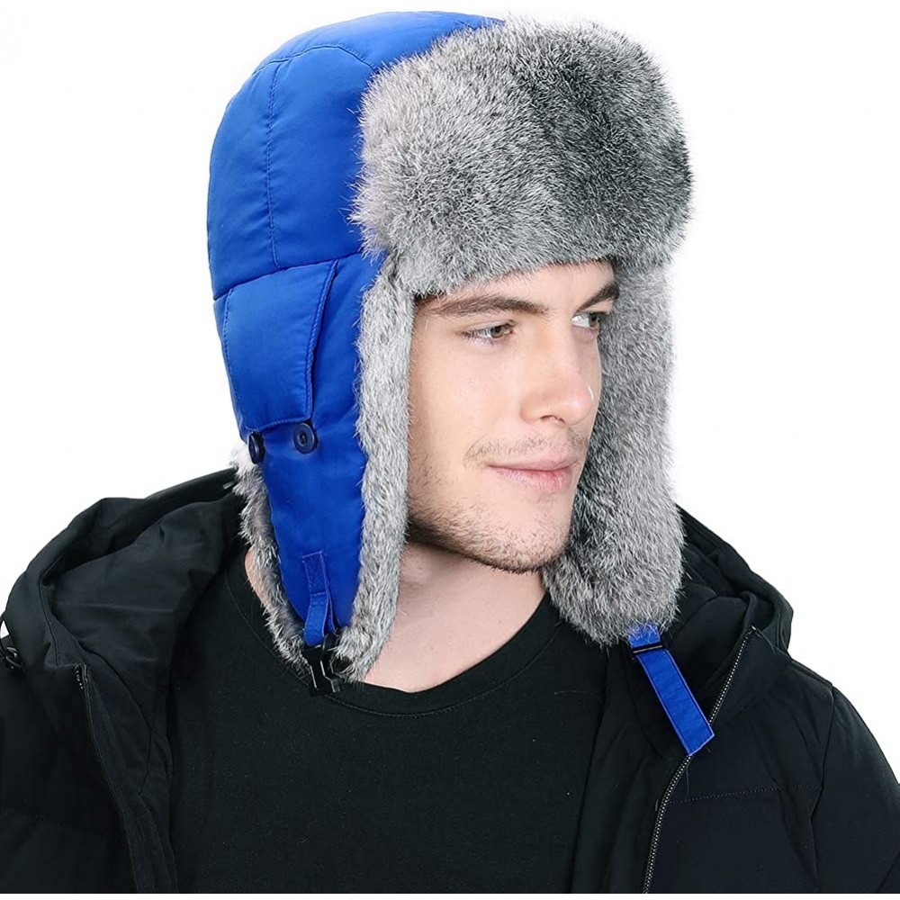 Bomber Hats 100% Rabbit Fur Winter Bomber Trapper Ushanka Russian Mask Hat Earflaps Hunting Waterproof Cap 55-61cm - CU18A60G...