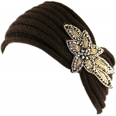 Headbands Sequin Knit Headband with Flower Decoration - Brown - CS125R5M101 $8.19