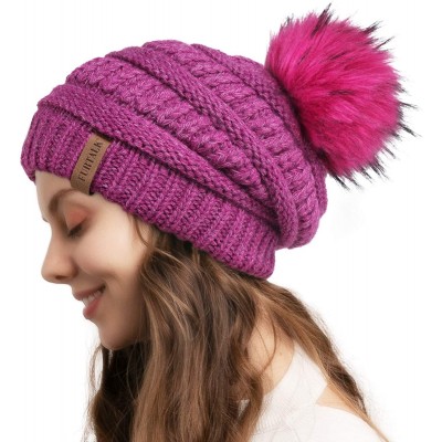 Skullies & Beanies Womens Winter Knit Slouchy Beanie Hat Warm Skull Ski Cap Faux Fur Pom Pom Hats for Women - CJ18U0HY4YY $15.90