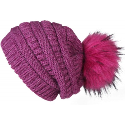 Skullies & Beanies Womens Winter Knit Slouchy Beanie Hat Warm Skull Ski Cap Faux Fur Pom Pom Hats for Women - CJ18U0HY4YY $15.90