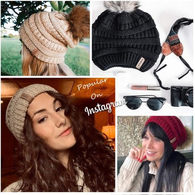 Skullies & Beanies Womens Winter Knit Slouchy Beanie Hat Warm Skull Ski Cap Faux Fur Pom Pom Hats for Women - CJ18U0HY4YY $15.90