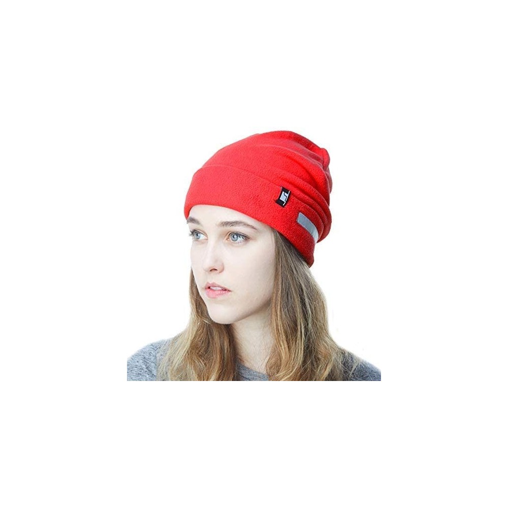 Skullies & Beanies Fleece Winter Functional Beanie Hat Cold Weather-Reflective Safety for Everyone Performance Stretch - Red ...