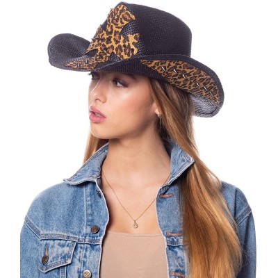 Cowboy Hats Men's & Women's Western Style Cowboy/Cowgirl Straw Hat - Cow1803 Black/Leapard - CB18QN0C7D4 $19.88