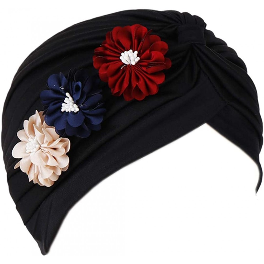 Sun Hats Shiny Metallic Turban Cap Indian Pleated Headwrap Swami Hat Chemo Cap for Women - Black Flower - CC18Z62GIUI $8.82