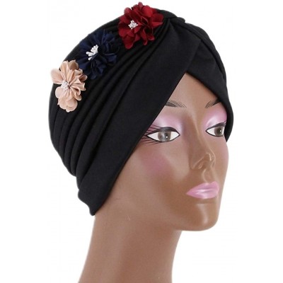 Sun Hats Shiny Metallic Turban Cap Indian Pleated Headwrap Swami Hat Chemo Cap for Women - Black Flower - CC18Z62GIUI $8.82