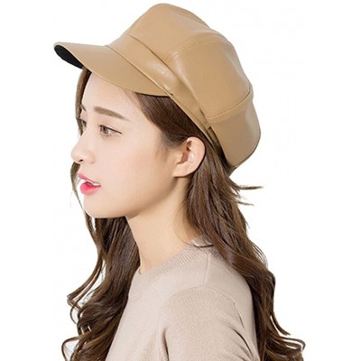 Newsboy Caps Faux Leather Octagonal Cap Solid Newsboy Hat Unisex Painter Cap PU Duckbill Hat - Khaki - CE186M9QREH $15.67