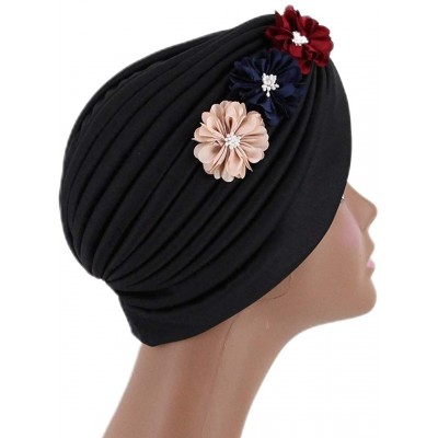 Sun Hats Shiny Metallic Turban Cap Indian Pleated Headwrap Swami Hat Chemo Cap for Women - Black Flower - CC18Z62GIUI $8.82