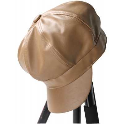 Newsboy Caps Faux Leather Octagonal Cap Solid Newsboy Hat Unisex Painter Cap PU Duckbill Hat - Khaki - CE186M9QREH $15.67