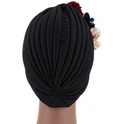 Sun Hats Shiny Metallic Turban Cap Indian Pleated Headwrap Swami Hat Chemo Cap for Women - Black Flower - CC18Z62GIUI $8.82