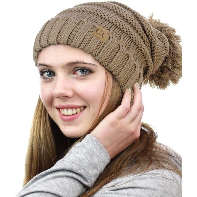Skullies & Beanies Pom Pom Oversized Baggy Slouchy Thick Winter Beanie Hat - Taupe - C618R4ARMCA $12.72