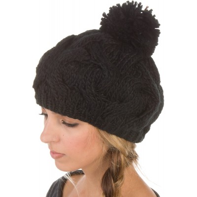 Skullies & Beanies Cable Knit Pom Pom Thick Slouch Hat - Black - CL116WFNWPT $8.61