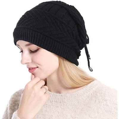 Skullies & Beanies Knit Beanie Skull Cap Thick Fleece Lined Soft & Warm Chunky Beanie Hats or Scarf for Women Daily - A - Bla...