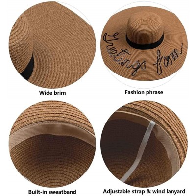 Sun Hats Womens Sun Straw Hat Wide Brim Floppy Foldable Adjustable Straw Weaved Travel Beach UV Summer Hat UPF50 - Khaki - CM...