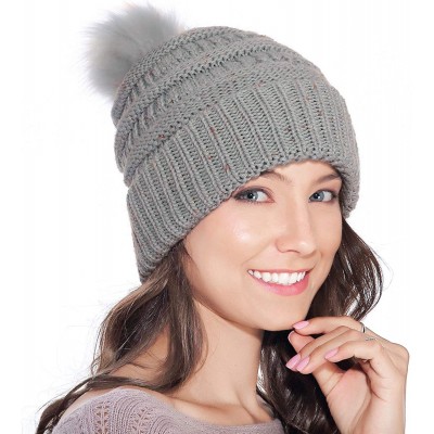 Skullies & Beanies Fur Pom Pom Beanie for Women Hat Winter Knit Wool Hats Warrm Soft Skull ski Cap - Grey - CH18Z8RLH58 $9.09