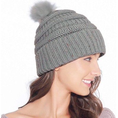 Skullies & Beanies Fur Pom Pom Beanie for Women Hat Winter Knit Wool Hats Warrm Soft Skull ski Cap - Grey - CH18Z8RLH58 $9.09