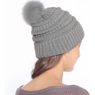 Skullies & Beanies Fur Pom Pom Beanie for Women Hat Winter Knit Wool Hats Warrm Soft Skull ski Cap - Grey - CH18Z8RLH58 $9.09