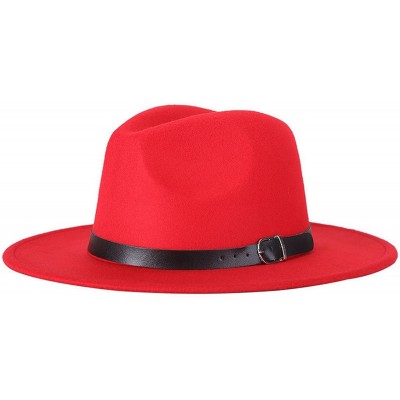 Fedoras Adult Women Men Wool Blend Fedora Hat Solid Trilby Caps Panama Hat with Belt - Red - CA189Y7TDGW $10.38