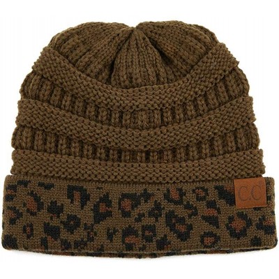 Skullies & Beanies Women Classic Solid Color with Leopard Cuff Beanie Skull Cap - A New Olive - CY18XUQL9ON $25.86