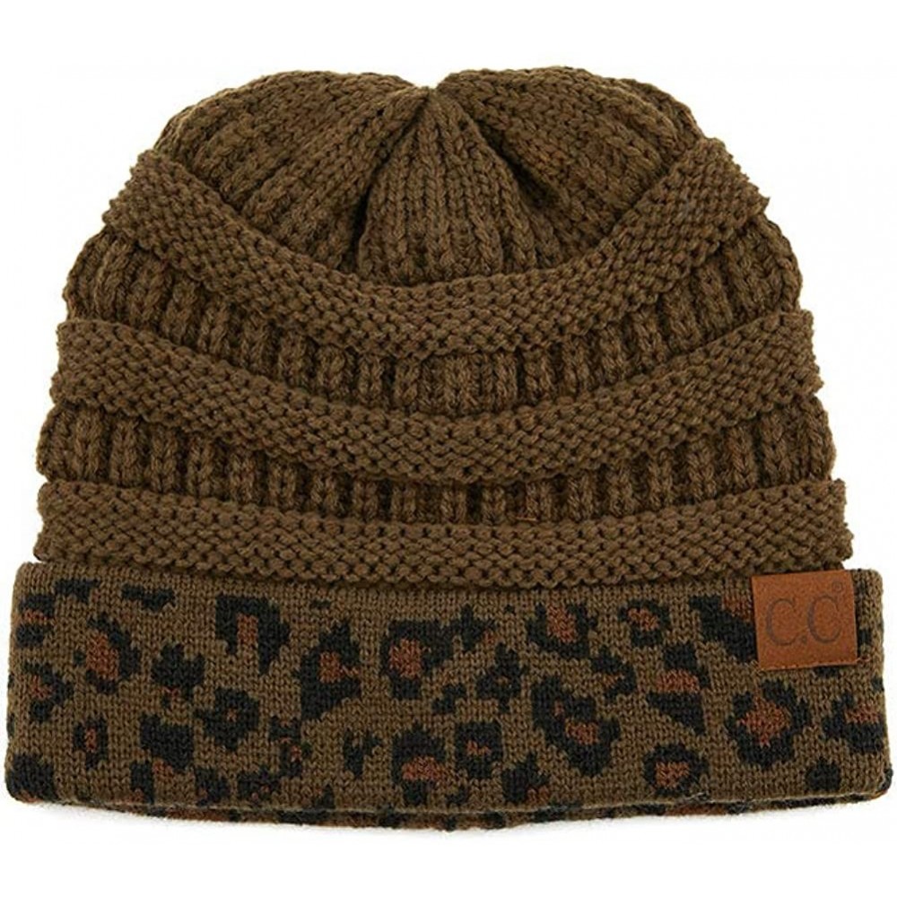 Skullies & Beanies Women Classic Solid Color with Leopard Cuff Beanie Skull Cap - A New Olive - CY18XUQL9ON $13.28