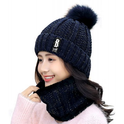 Skullies & Beanies Womens Winter Beanie Hat Scarf Set Warm Fuzzy Knit Hat Neck Scarves - Navy - CB192R87NLK $14.54