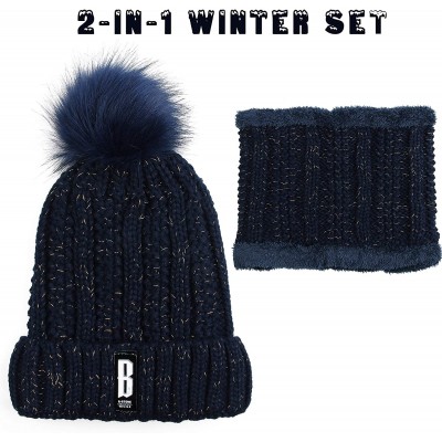 Skullies & Beanies Womens Winter Beanie Hat Scarf Set Warm Fuzzy Knit Hat Neck Scarves - Navy - CB192R87NLK $14.54