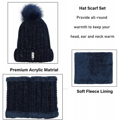 Skullies & Beanies Womens Winter Beanie Hat Scarf Set Warm Fuzzy Knit Hat Neck Scarves - Navy - CB192R87NLK $14.54