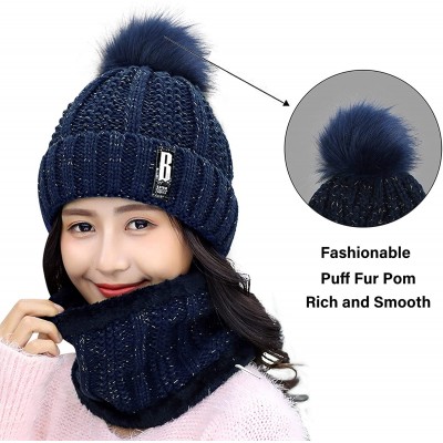 Skullies & Beanies Womens Winter Beanie Hat Scarf Set Warm Fuzzy Knit Hat Neck Scarves - Navy - CB192R87NLK $14.54