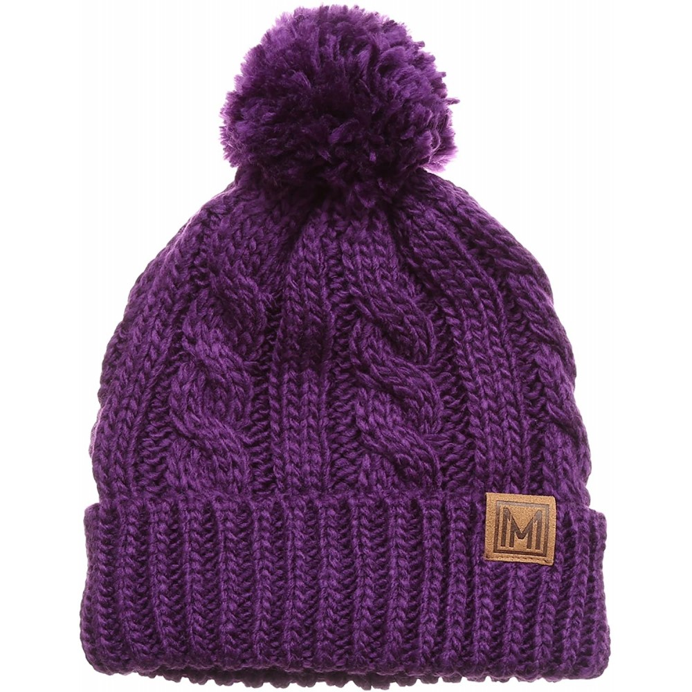 Skullies & Beanies Winter Oversized Cable Knitted Pom Pom Beanie Hat with Fleece Lining. - Purple - CT186MMR250 $15.39