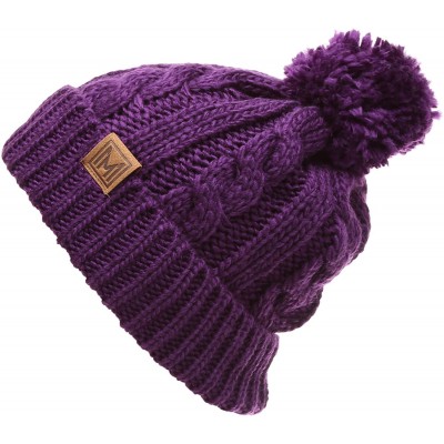Skullies & Beanies Winter Oversized Cable Knitted Pom Pom Beanie Hat with Fleece Lining. - Purple - CT186MMR250 $15.39