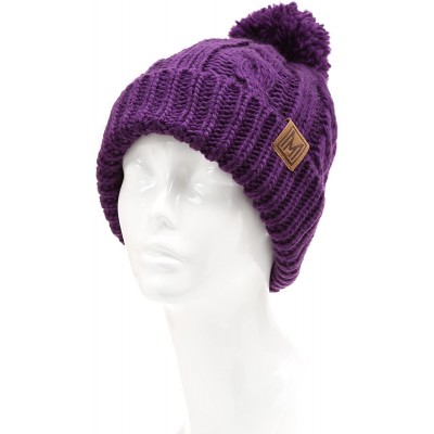 Skullies & Beanies Winter Oversized Cable Knitted Pom Pom Beanie Hat with Fleece Lining. - Purple - CT186MMR250 $15.39