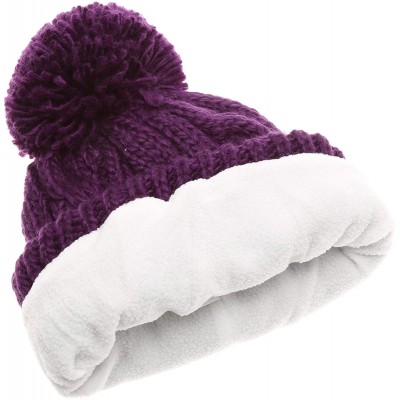 Skullies & Beanies Winter Oversized Cable Knitted Pom Pom Beanie Hat with Fleece Lining. - Purple - CT186MMR250 $15.39