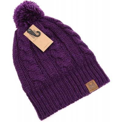 Skullies & Beanies Winter Oversized Cable Knitted Pom Pom Beanie Hat with Fleece Lining. - Purple - CT186MMR250 $15.39