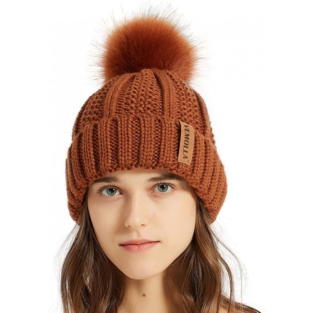 Skullies & Beanies Women Thick Cable Knit Faux Fuzzy Fur Pom Winter Skull Cap Cuff Beanie - Rust - CT18A4A2WU5 $12.43