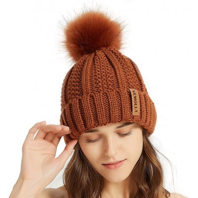 Skullies & Beanies Women Thick Cable Knit Faux Fuzzy Fur Pom Winter Skull Cap Cuff Beanie - Rust - CT18A4A2WU5 $12.43