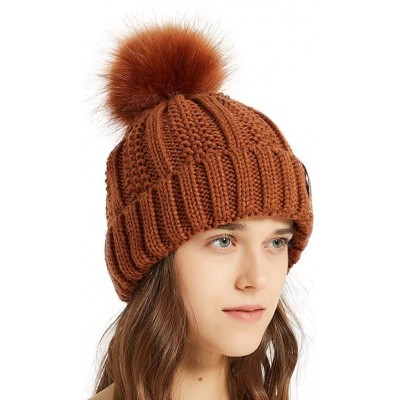 Skullies & Beanies Women Thick Cable Knit Faux Fuzzy Fur Pom Winter Skull Cap Cuff Beanie - Rust - CT18A4A2WU5 $12.43