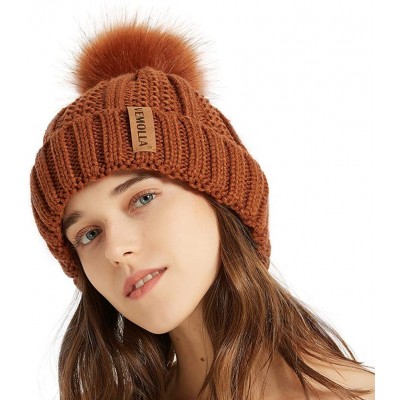 Skullies & Beanies Women Thick Cable Knit Faux Fuzzy Fur Pom Winter Skull Cap Cuff Beanie - Rust - CT18A4A2WU5 $12.43