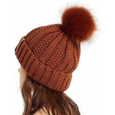 Skullies & Beanies Women Thick Cable Knit Faux Fuzzy Fur Pom Winter Skull Cap Cuff Beanie - Rust - CT18A4A2WU5 $12.43