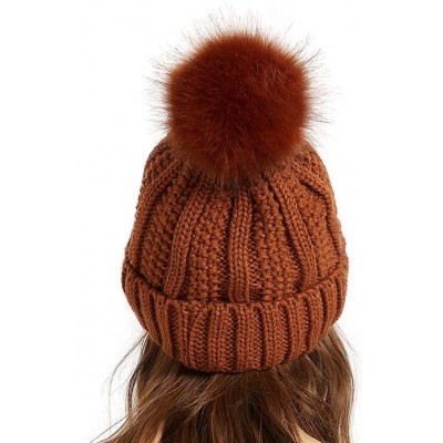 Skullies & Beanies Women Thick Cable Knit Faux Fuzzy Fur Pom Winter Skull Cap Cuff Beanie - Rust - CT18A4A2WU5 $12.43