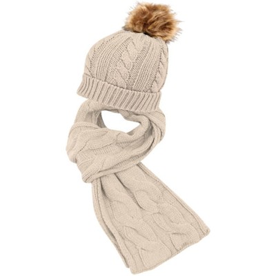Skullies & Beanies Unisex Winter Warm Cable Knit Scarf with complementing Pompom Slouchy Beanie - Khaki - CJ120QGJMC1 $15.38